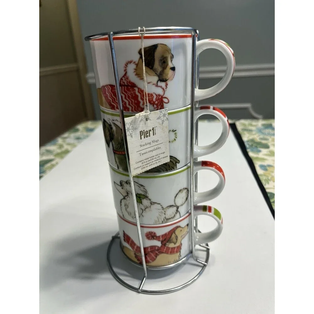 Pier 1 One Christmas Pup Dogs Stacking Mugs Stand Stoneware Holiday Cups